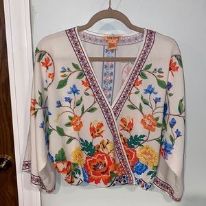 Anthropologie Crop Top Flying Tomato Sz S Floral Blouse Kimono Sleeves